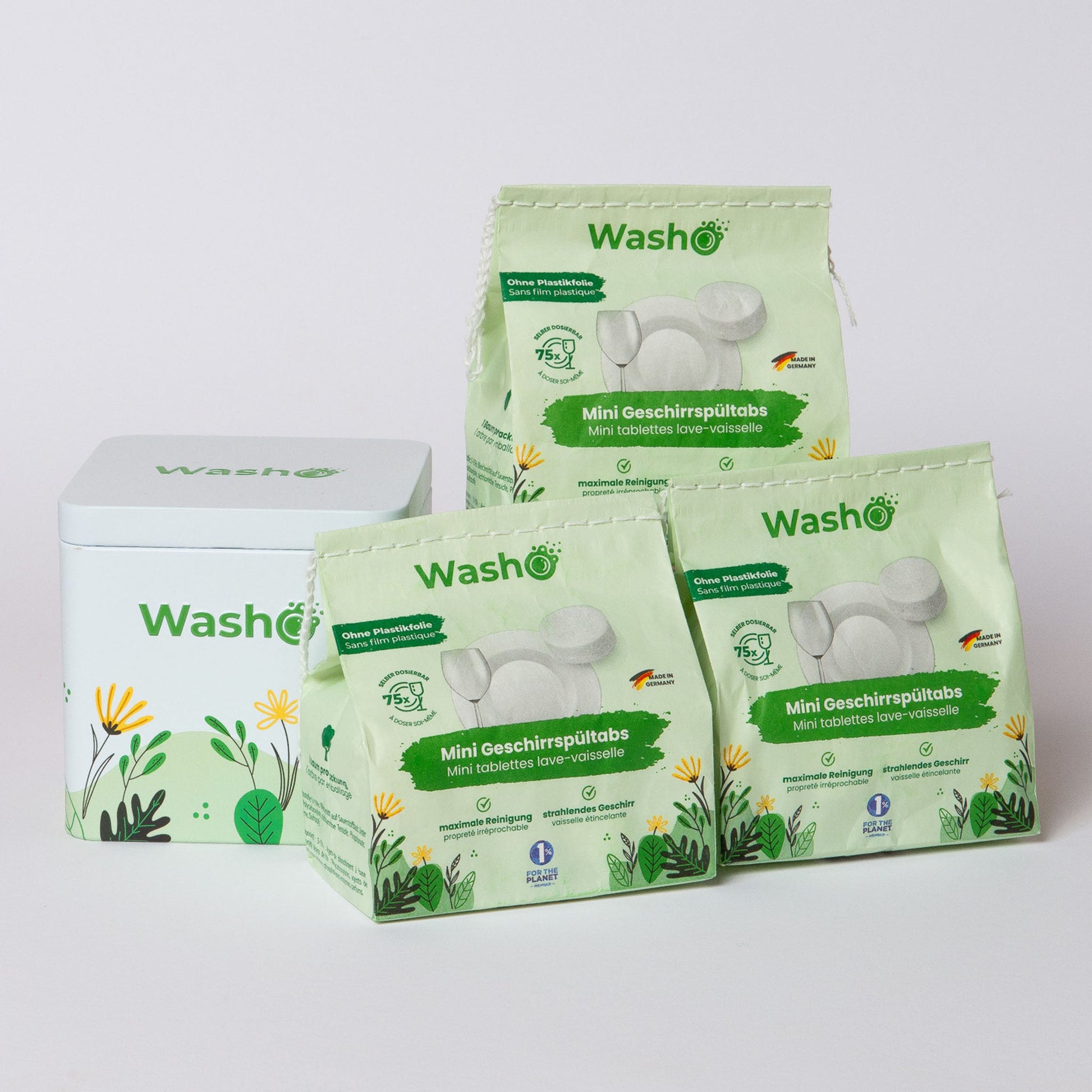 Washo Mini Geschirrspültabs 3 Pack mit Dose - washo.ch