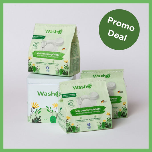 Washo Mini Geschirrspültabs 3 Pack mit Dose - washo.ch