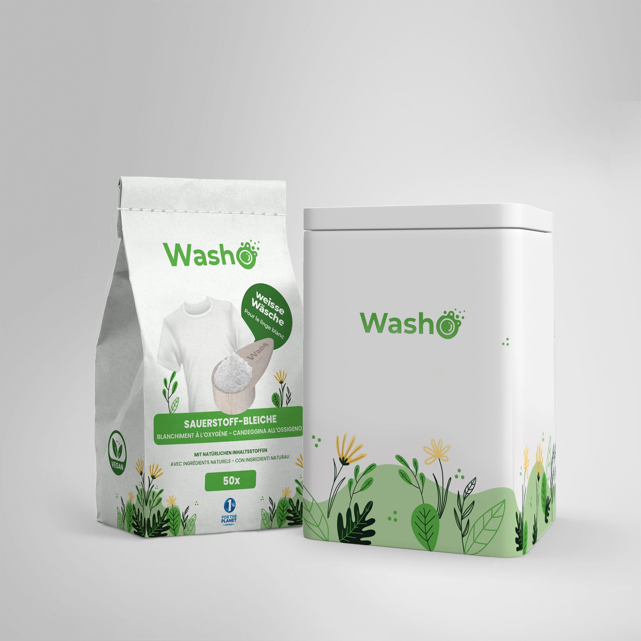 1 Packung mit 800g Washo Sauerstoff-Bleiche + Aufbewahrungsdose - washo.ch