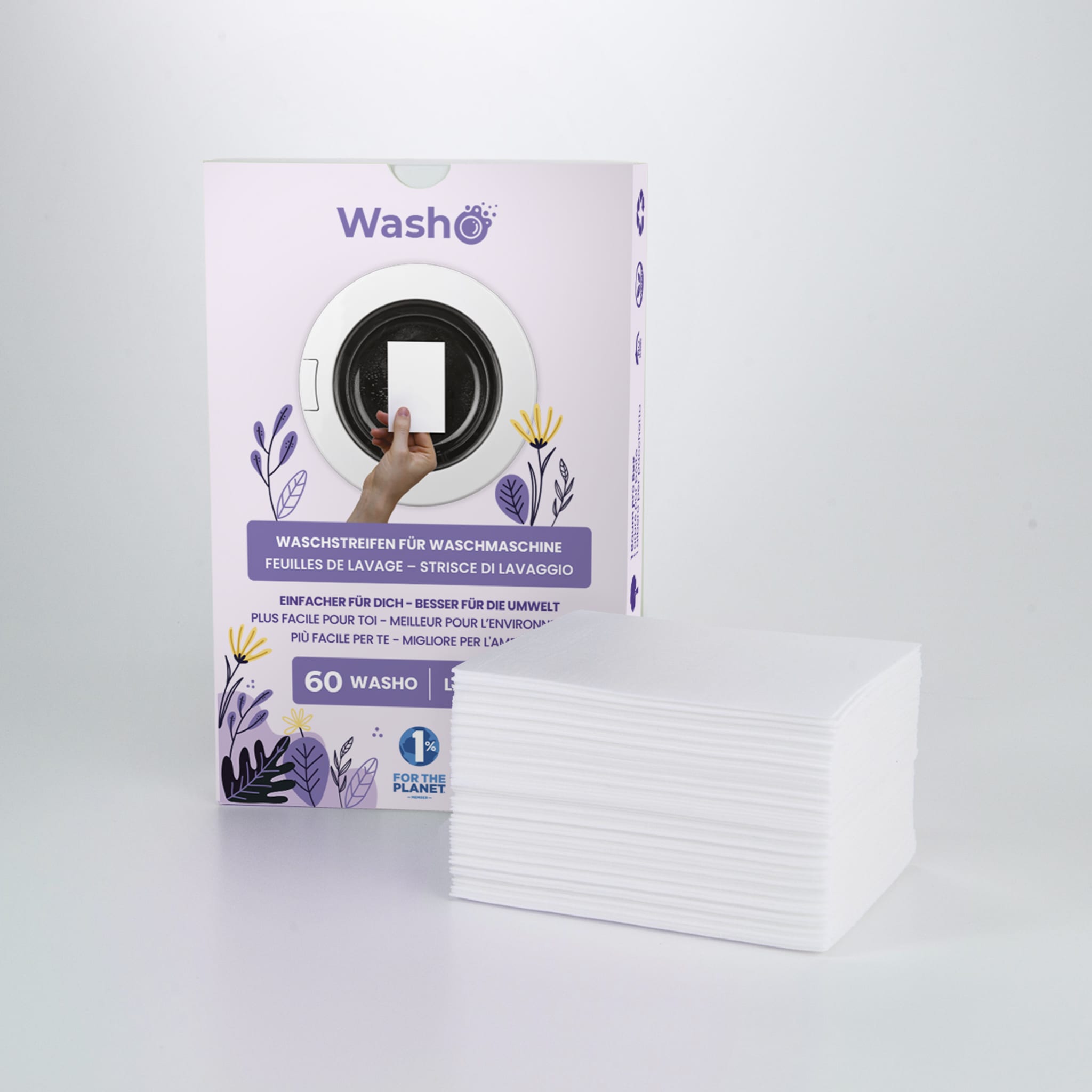 5 Boxen mit total 300 Washo-Waschstreifen Lavendel - washo.ch