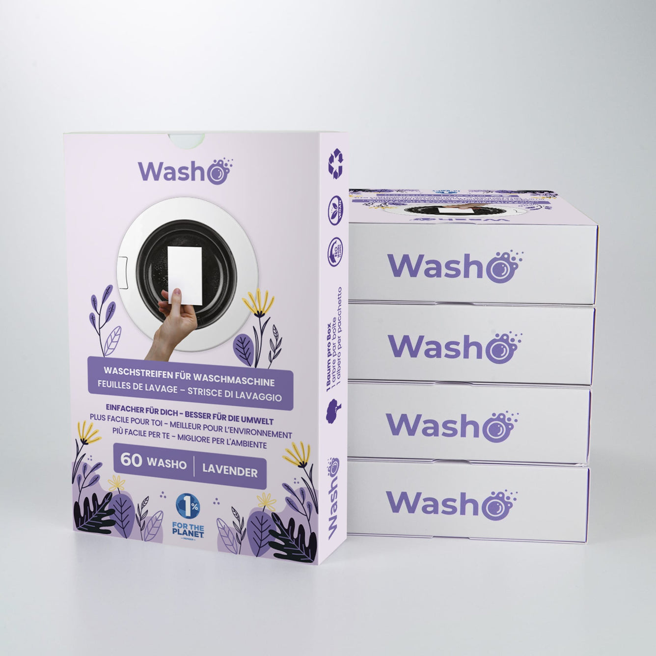 5 Boxen mit total 300 Washo-Waschstreifen Lavendel - washo.ch