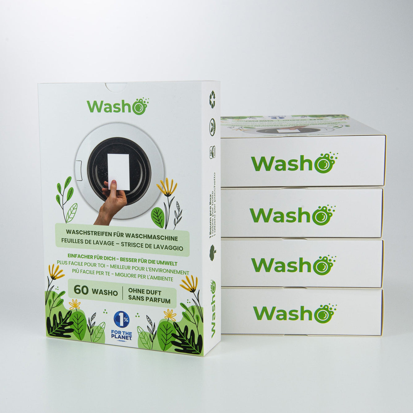 5 Boxen mit total 300 Washo-Waschstreifen ohne Duft - washo.ch